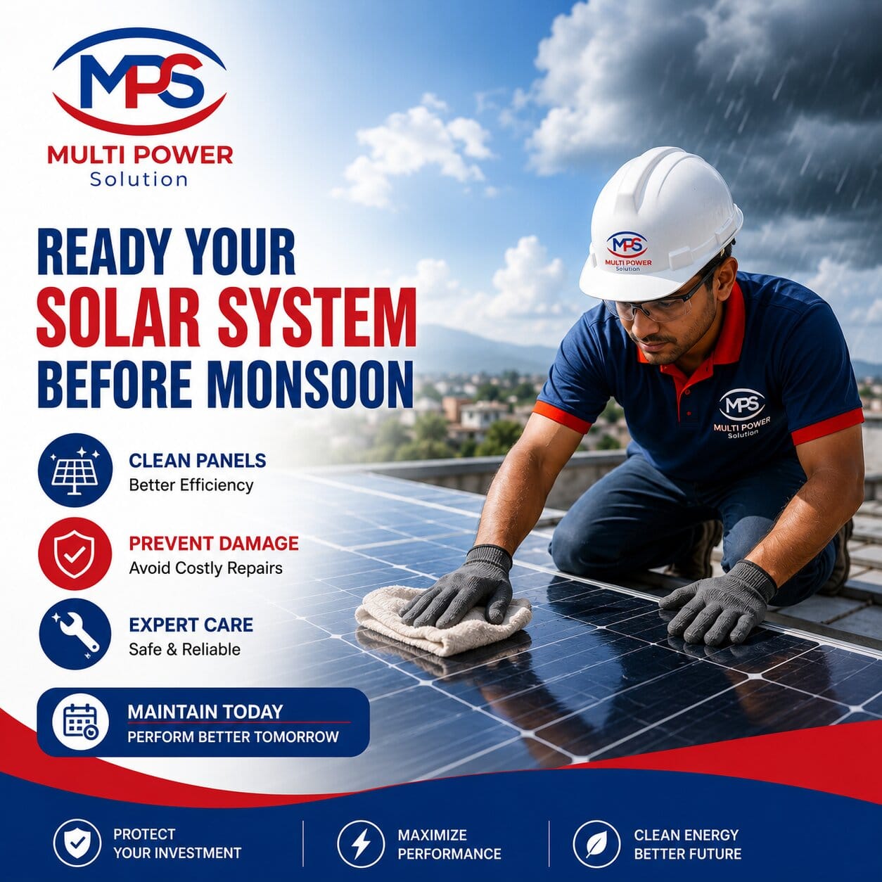 Solar maintenance service before monsoon season in Nepal with technician cleaning rooftop solar panels